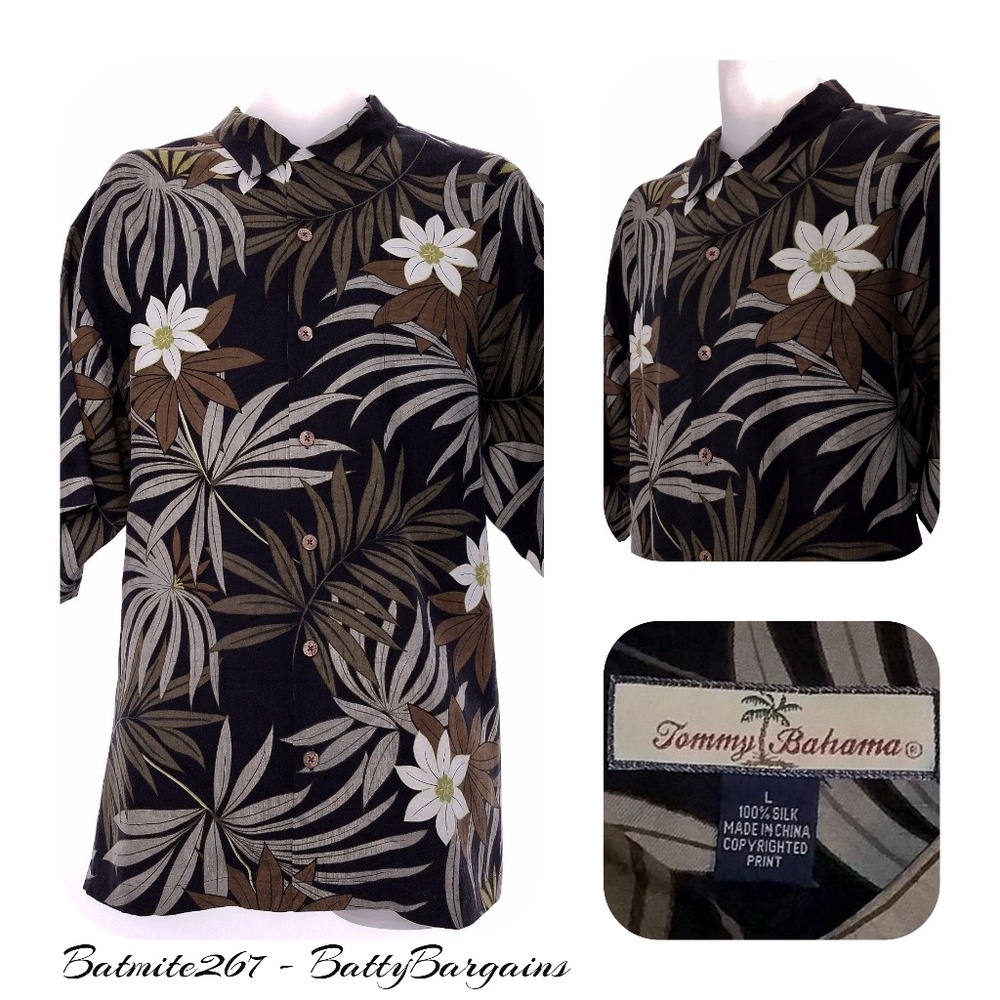 Tommy Bahama Hawaiian Lg 100% SILK Black Floral